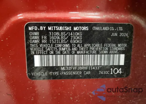 2024 Mitsubishi Mirage G4 Se z USA, uszkodzony, nr VIN ML32FVFJ8RHF11433